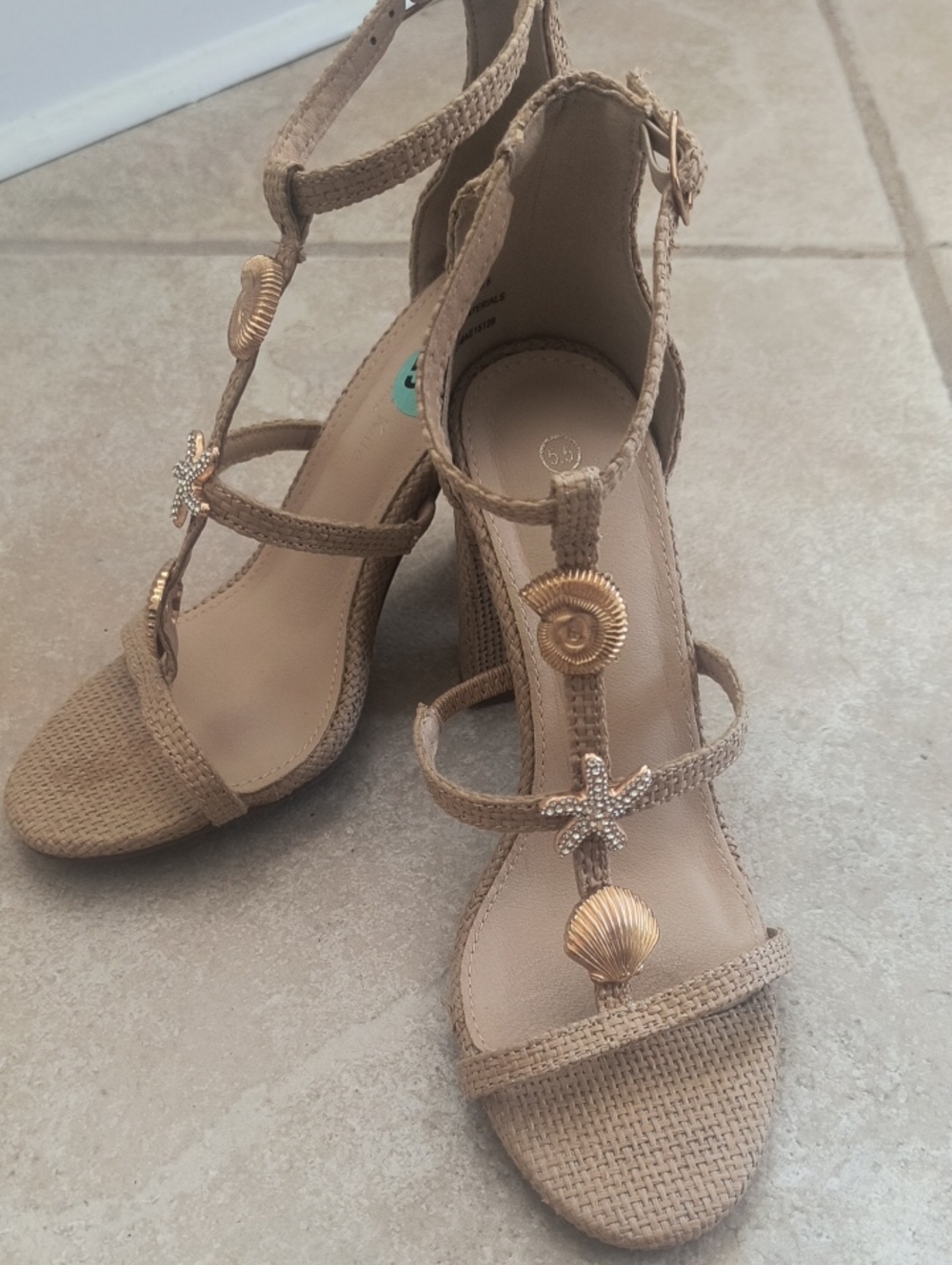 Tan Woven T-Strap Wedge Sandals with Shell Embellishments